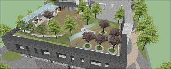 2F露臺(tái)3D圖，地坪採用自然陶磚，珍貴婆羅洲鐵木感受臺(tái)中地貌微型縮影的公園設(shè)計(jì)紋理。