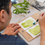 將化學(xué)藥劑塗抹於水彩紙上，藍(lán)曬創(chuàng)作的序幕悄然展開。