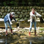 自發(fā)性參與的各部門同仁，踩著雨鞋、戴上手套，抓緊時間清理溪流垃圾，展現(xiàn)對環(huán)境保護的實踐。
