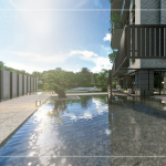 一池清淺水面曲橋，白日映雲(yún)、夜晚映月，循著曲橋向前，猶如走入畫中，一隅硯臺地景，一隅松姿倒影，無處不風(fēng)景。